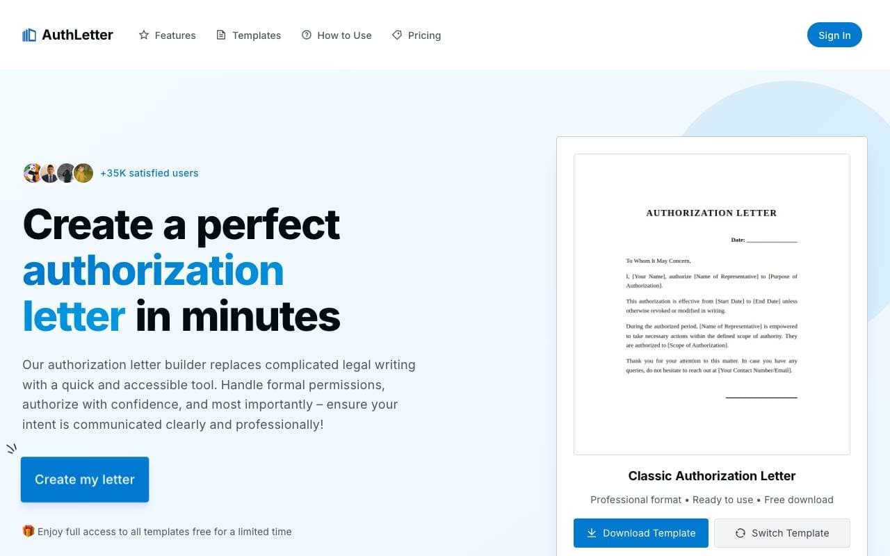 AuthLetter interface preview
