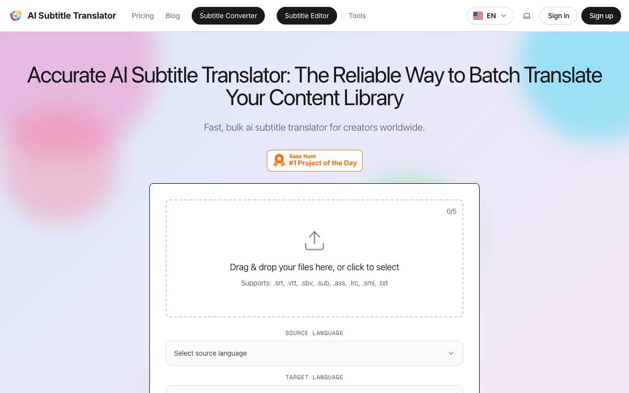 100+ Languages Sub Batch translate interface preview