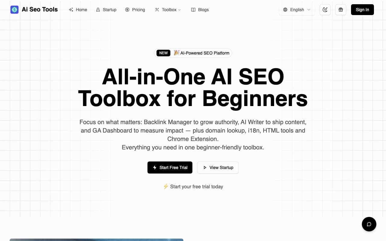 AI All-in-One SEO Tools for Startup interface preview