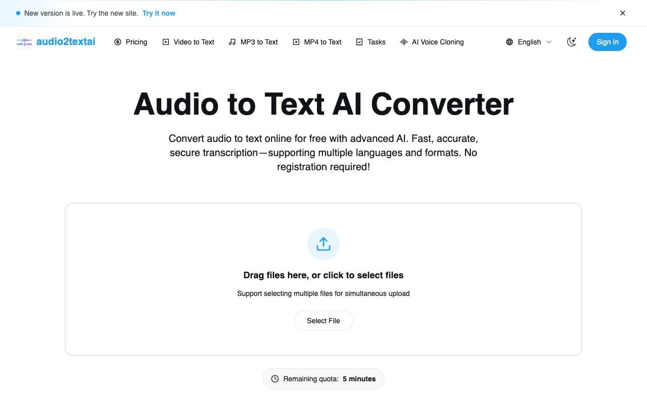 Audio to Text AI Converter interface preview