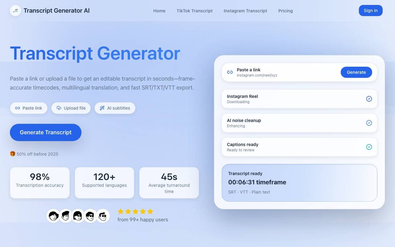 Transcript Generator AI interface preview